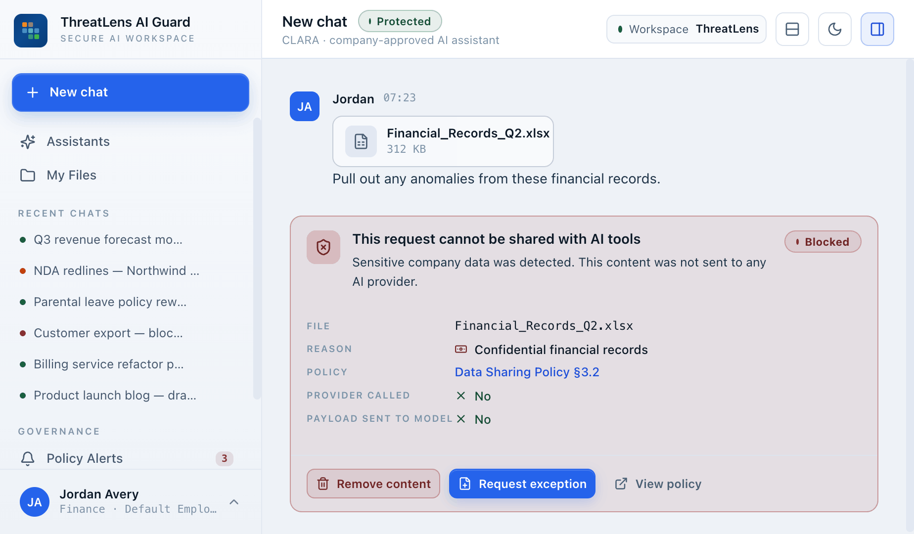 AI Governance Platform blocking a confidential file upload